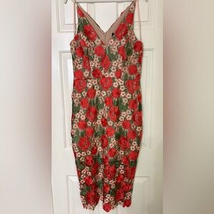 Xscape (Macy’s) Blush Dress with Red and Green Floral Crochet Embroidery